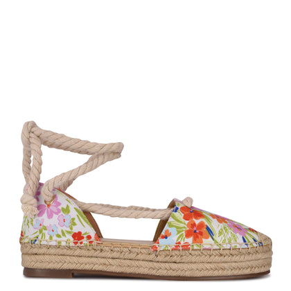 Ninewest- Meaks Ankle Wrap Espadrille Flats (WHITE FLORAL PRINT)